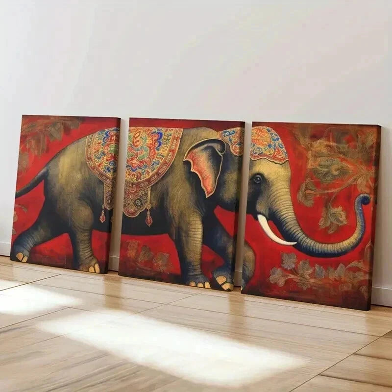 3pcs Elephant Indian Style on Vintage Red Wall Art Set Canvas Framed 40x60cm - High Quality Print 100% Australian Made Wall Canvas Ready to Hang - Bella Home Decor