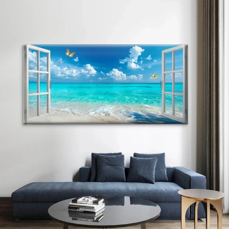 Ocean Beach with Butterfly Wall Art Canvas Office Home Room Framed 120x60cm