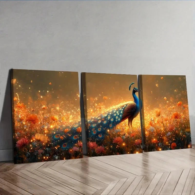 3pcs Peacock in Golden Flower Field Wall Art Set Canvas Framed 50x70cm - High Quality Print 100% Australian Made Wall Canvas Ready to Hang