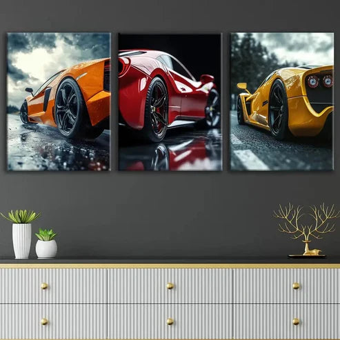 3pcs Fashion Sport Car Tree Racing Car Gold Red Wall Art Set Canvas Unframed - High Quality Print 100% Australian Made Wall Canvas