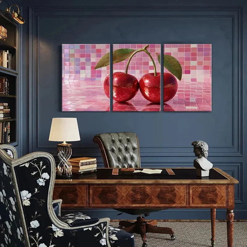 3pcs Artistic Cherry Mosaic Design Poster Metal Print Ready to Hang Art