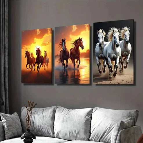3pcs Galloping Horses Sunset and Beach Scene Wall Art Set Canvas Unframed - High Quality Print 100% Australian Made Wall Canvas