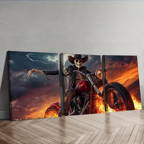 3pcs Skeleton on Motorcycle Dark Rider Fear Wall Art Set Canvas Unframed - High Quality Print 100% Australian Made Wall Canvas