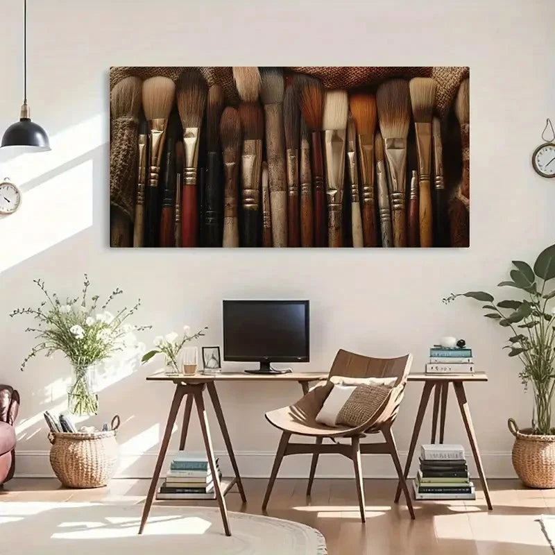 Vintage Brushes & Wooden Handle Wall Art Canvas Office Home Room Framed 120x60cm - Bella Home Decor