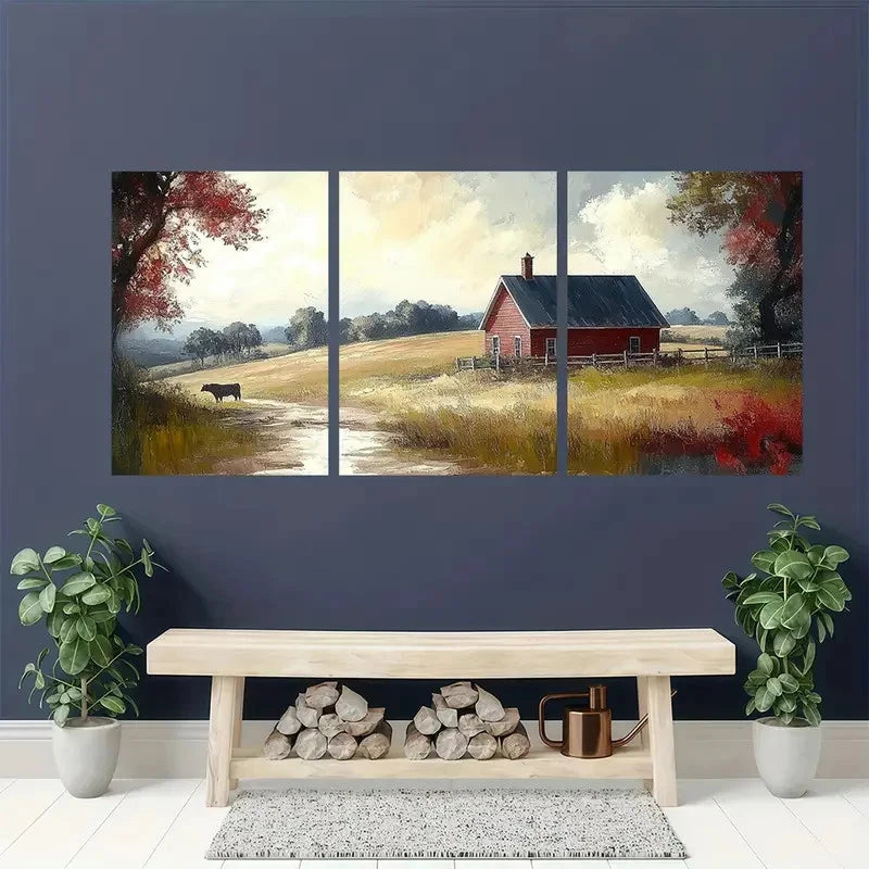 3pcs Countryside Landscape, Red Barn RT  Wall Art Set Canvas Framed 50x70cm - High Quality Print 100% Australian Made Wall Canvas Ready to Hang - Bella Home Decor