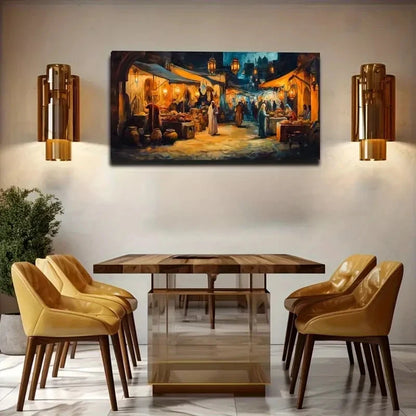 Vibrant Midnight Market Scene Wall Art Canvas Office Home Room Framed 120x60cm