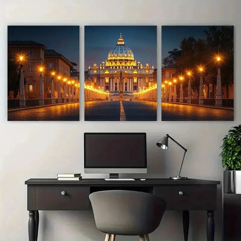 3pcs St. Peter'S Basilica Illuminated Perfect Wall Art Set Canvas Framed 50x70cm - High Quality Print 100% Australian Made Wall Canvas Ready to Hang