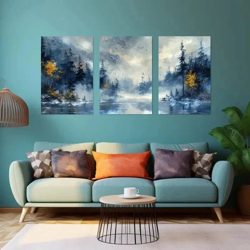 3pcs Misty Blue Mountain  Wall Art Set Canvas Framed 40x60cm - High Quality Print 100% Australian Made Wall Canvas Ready to Hang - Bella Home Decor