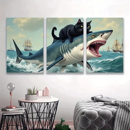 3pcs Playful Black Cat Riding Shark S  Wall Art Set Canvas Framed 50x70cm - High Quality Print 100% Australian Made Wall Canvas Ready to Hang - Bella Home Decor