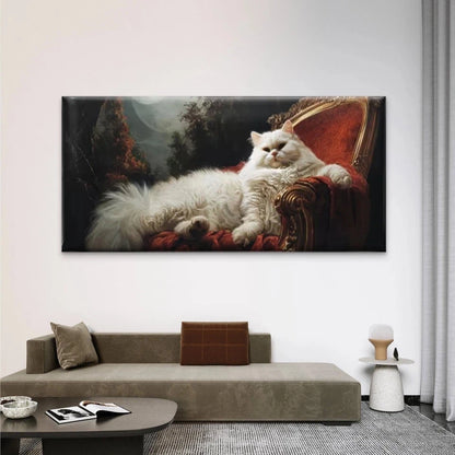 Fluffy Cat on Red Velvet Chair Wall Art Canvas Office Home Room Framed 120x60cm