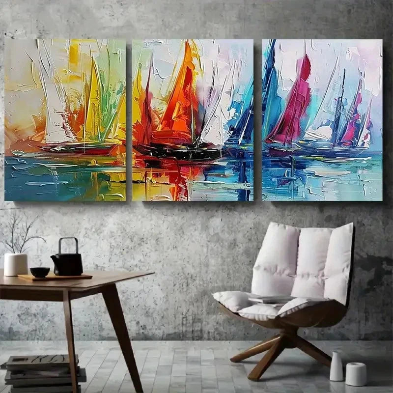 3pcs Vibrant Textured Colorful Sailing Boats Metal Print Ready to Hang Art