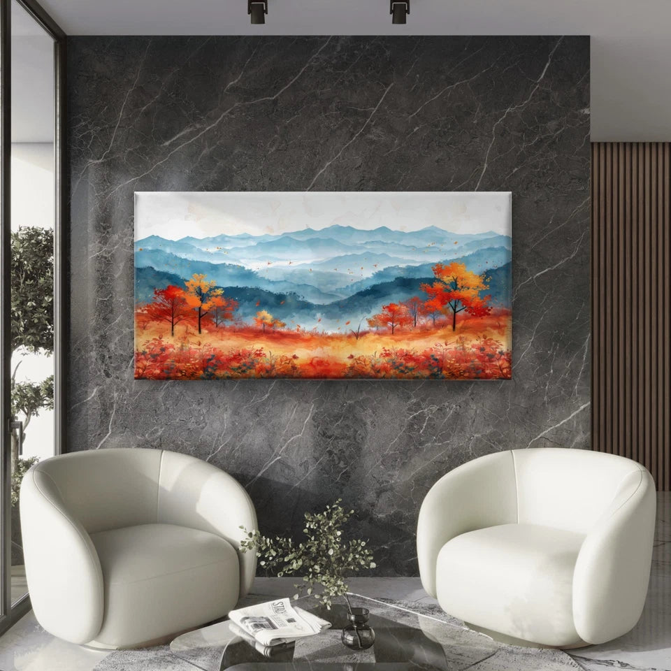 Autumn Field Against Mountains Wall Art Canvas Office Home Room Framed 120x60cm