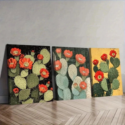 3pcs Featuring Blooming Cacti & Red Flowers Wall Art Set Canvas Framed 40x60cm - High Quality Print 100% Australian Made Wall Canvas Ready to Hang