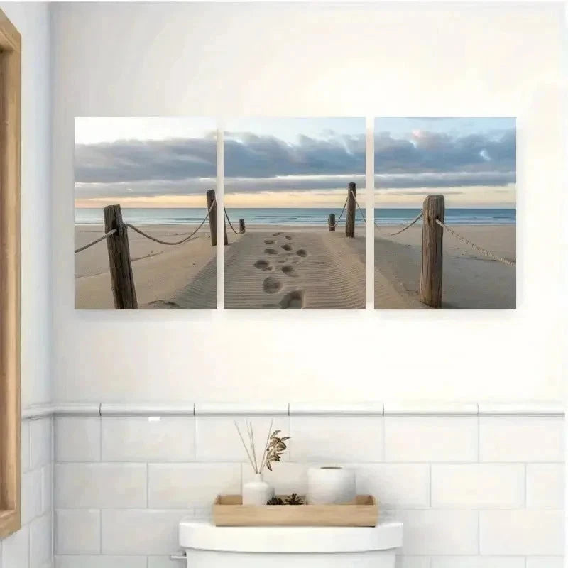 3pcs Sandy Beach, Ocean Waves  Wall Art Set Canvas Framed 40x60cm - High Quality Print 100% Australian Made Wall Canvas Ready to Hang