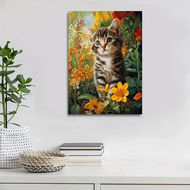 Cute Tabby Kitten & Floral Garden Painting 40x60cm Metal Print Ready to Hang - Bella Home Decor