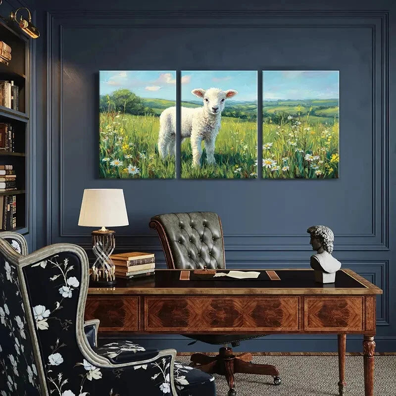 3pcs Landscape Lamb Pastoral Spring Meadow Metal Print Ready to Hang Art - Bella Home Decor