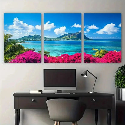 3pcs Vibrant Pink Flowers & Blue Ocean Perfect Wall Art Set Canvas Framed 50x70cm - High Quality Print 100% Australian Made Wall Canvas Ready to Hang