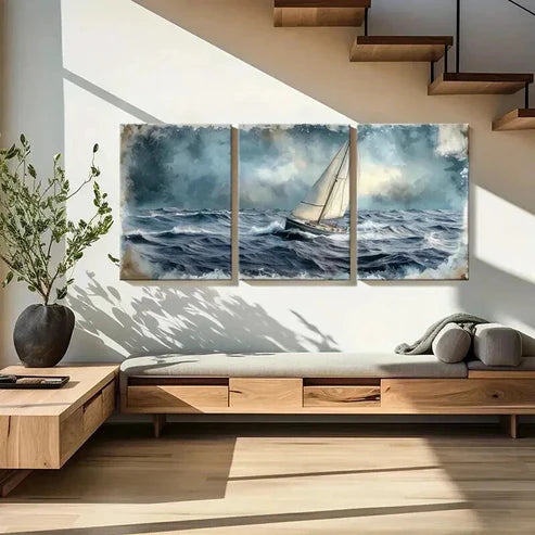 3pcs Sailing Boat Stormy Sea & Dark Clouds Wall Art Set Canvas Unframed - High Quality Print 100% Australian Made Wall Canvas