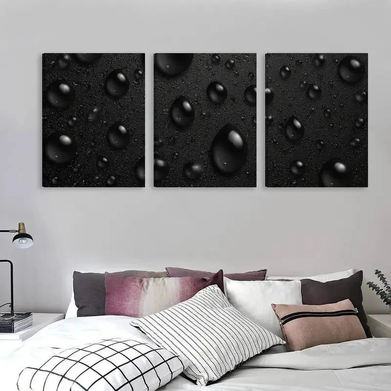 3pcs Black Water Droplets On A Dark Surface   Wall Art Set Canvas Framed 60x90cm - High Quality Print 100% Australian Made Wall Canvas Ready to Hang - Bella Home Decor