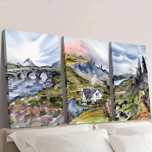 3pcs Watercolor Mountains River & Nature Wall Art Canvas Unframed – High Quality Print 100% Australian Made Wall Canvas