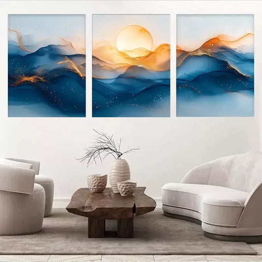 3pcs Dreamy Blue & Golden Mountain Landscape Wall Art Set Canvas Framed 50x70cm - High Quality Print 100% Australian Made Wall Canvas Ready to Hang