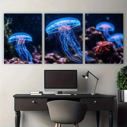 3pcs Neon Blue Jellyfish Aquarium Perfect Wall Art Set Canvas Framed 40x60cm - High Quality Print 100% Australian Made Wall Canvas Ready to Hang