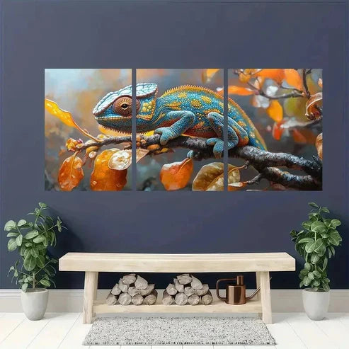 3pcs Blue & Orange Chameleon Painting Wall Art Canvas Unframed - High Quality Print 100% Australian Made Wall Canvas - Bella Home Decor