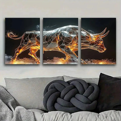 3pcs Digital Bull Sculpture Vintage Wall Art Set Canvas Framed 50x70cm - High Quality Print 100% Australian Made Wall Canvas Ready to Hang - Bella Home Decor