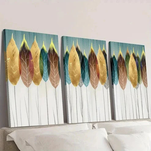3pcs Aesthetic Gold Blue Red Leaf Design Wall Art Canvas Unframed - High Quality Print 100% Australian Made Wall Canvas - Bella Home Decor
