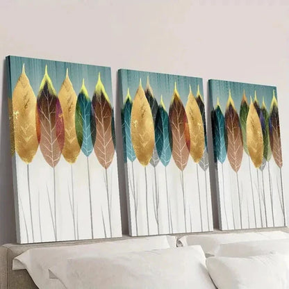 3pcs Aesthetic Gold Blue Red Leaf Design Wall Art Canvas Unframed - High Quality Print 100% Australian Made Wall Canvas - Bella Home Decor