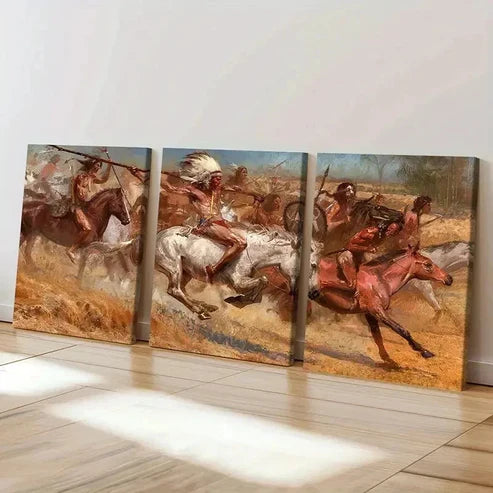 3pcs Native Americans On Horses Red Indians Wall Art Set Canvas Unframed - High Quality Print 100% Australian Made Wall Canvas