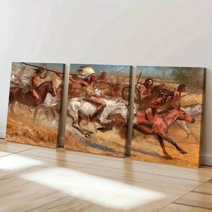 3pcs Native Americans On Horses Red Indians Wall Art Set Canvas Unframed - High Quality Print 100% Australian Made Wall Canvas