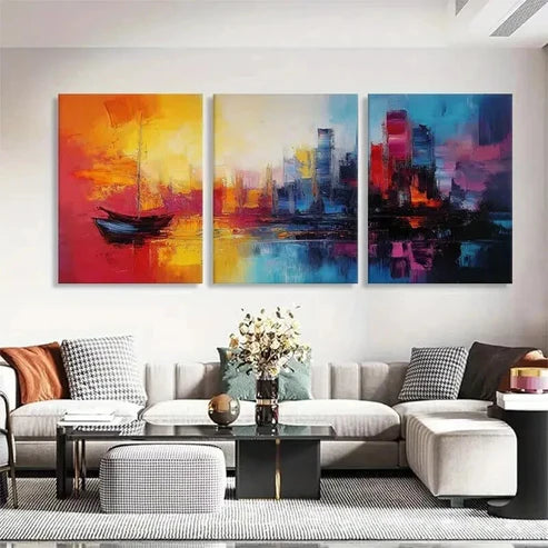 3pcs Vibrant Abstract Cityscape Sunset Perfect Wall Art Set Canvas Unframed - High Quality Print 100% Australian Made Wall Canvas