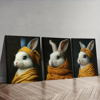 3pcs Rabbits wear pearls Wall Art Canvas Unframed - High Quality Print 100% Australian Made Wall Canvas - Bella Home Decor