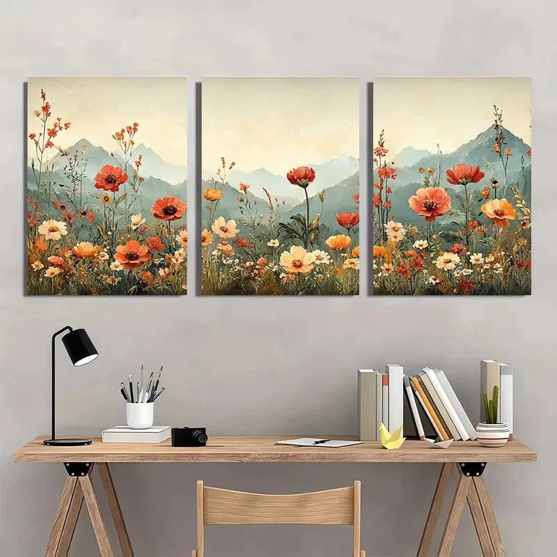 3pcs Wildflower Botanical Floral Panoramic Art  Metal Print Ready to Hang Art - Bella Home Decor