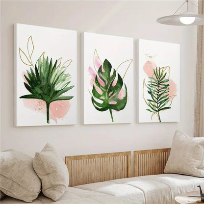 3pcs Green Pink and Golden Plant Wall Art Set Canvas Framed 50x70cm - High Quality Print 100% Australian Made Wall Canvas Ready to Hang