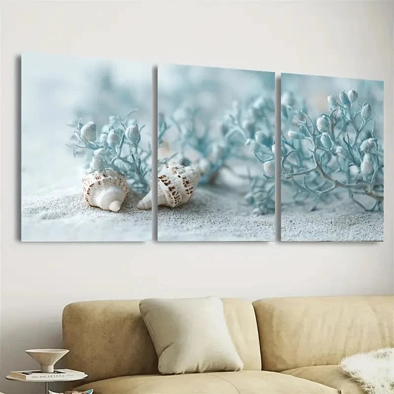 3pcs Pastel Blue Green Seaweeds and Seashells Wall Art Set Canvas Framed 50x70cm - High Quality Print 100% Australian Made Wall Canvas Ready to Hang