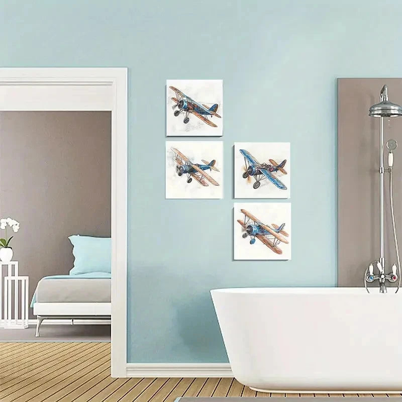 4pcsVintage BiplaneWall Art Canvas Framed