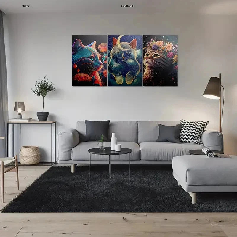 3pcs Colorful Floral Cats Animal Themed Metal Print Ready to Hang Art - Bella Home Decor