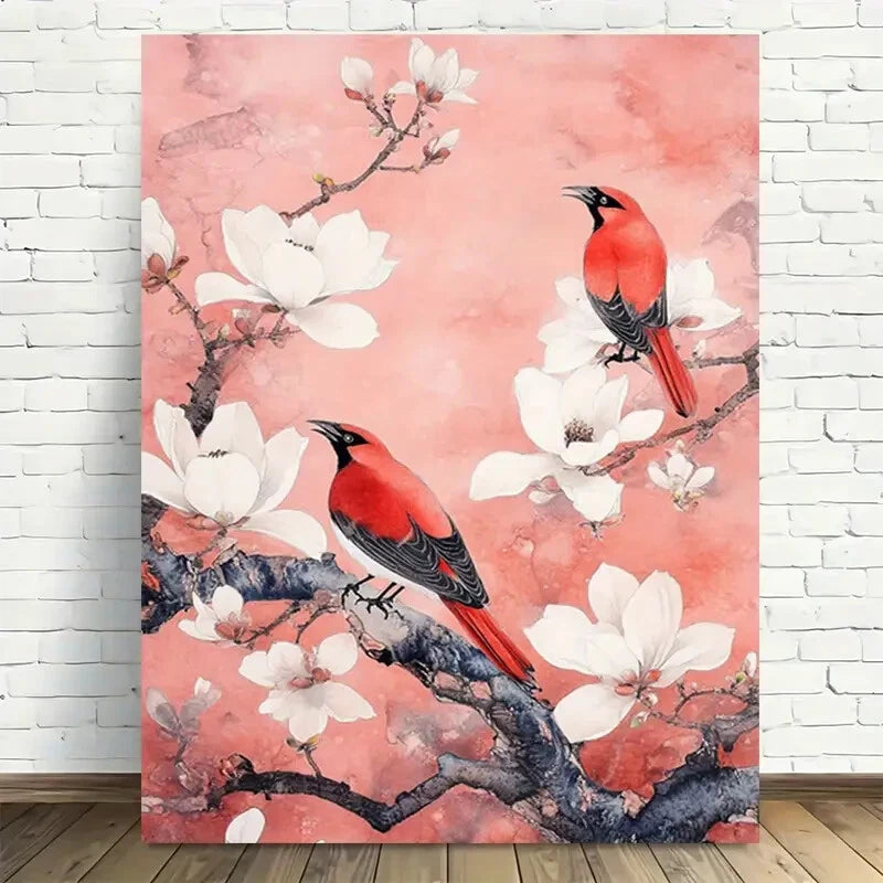 Beautiful Elegant Floral Birds Modern Vintage Painting 40x60cm Metal Print Ready to Hang - Bella Home Decor