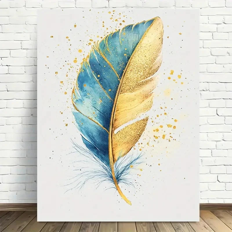 Beautiful Golden Blue Feather Modern Painting 40x60cm Metal Print Ready to Hang - Bella Home Decor