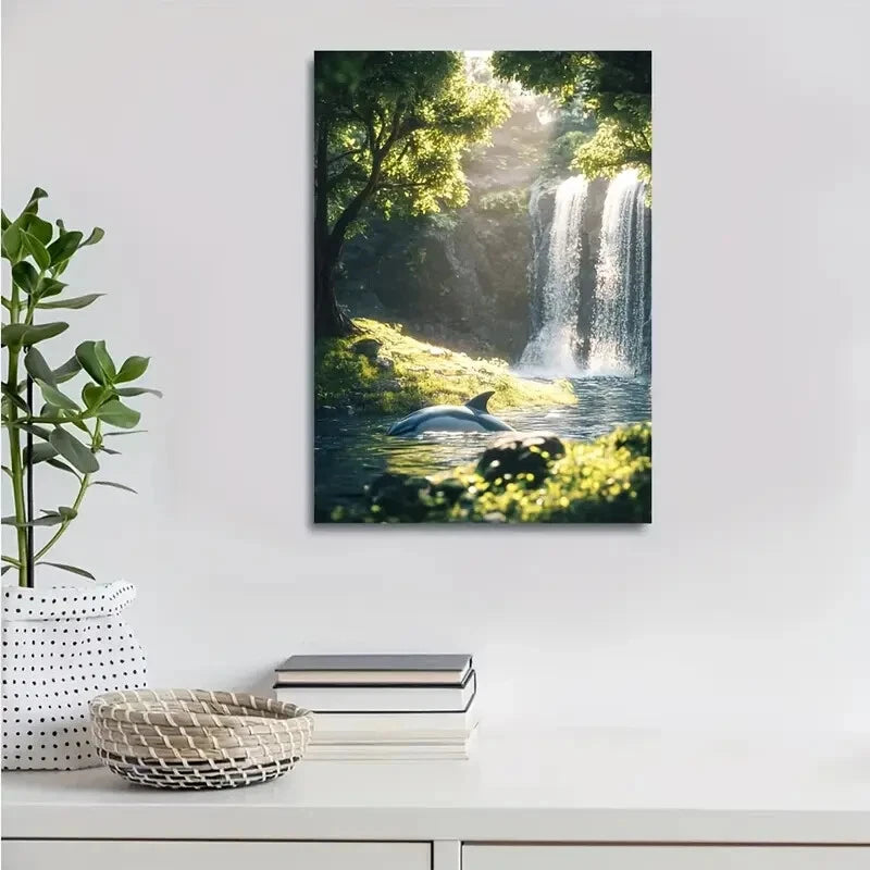 Serene Dolphin Waterfall Scene with Sunlit Painting 40x60cm Metal Print Ready to Hang - Bella Home Decor