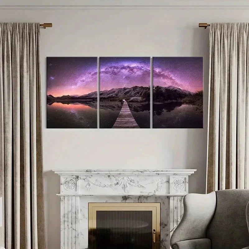 3pcs Mountains Starry Sky Painting Wall Art Set Canvas Framed 50x70cm - High Quality Print 100% Australian Made Wall Canvas Ready to Hang