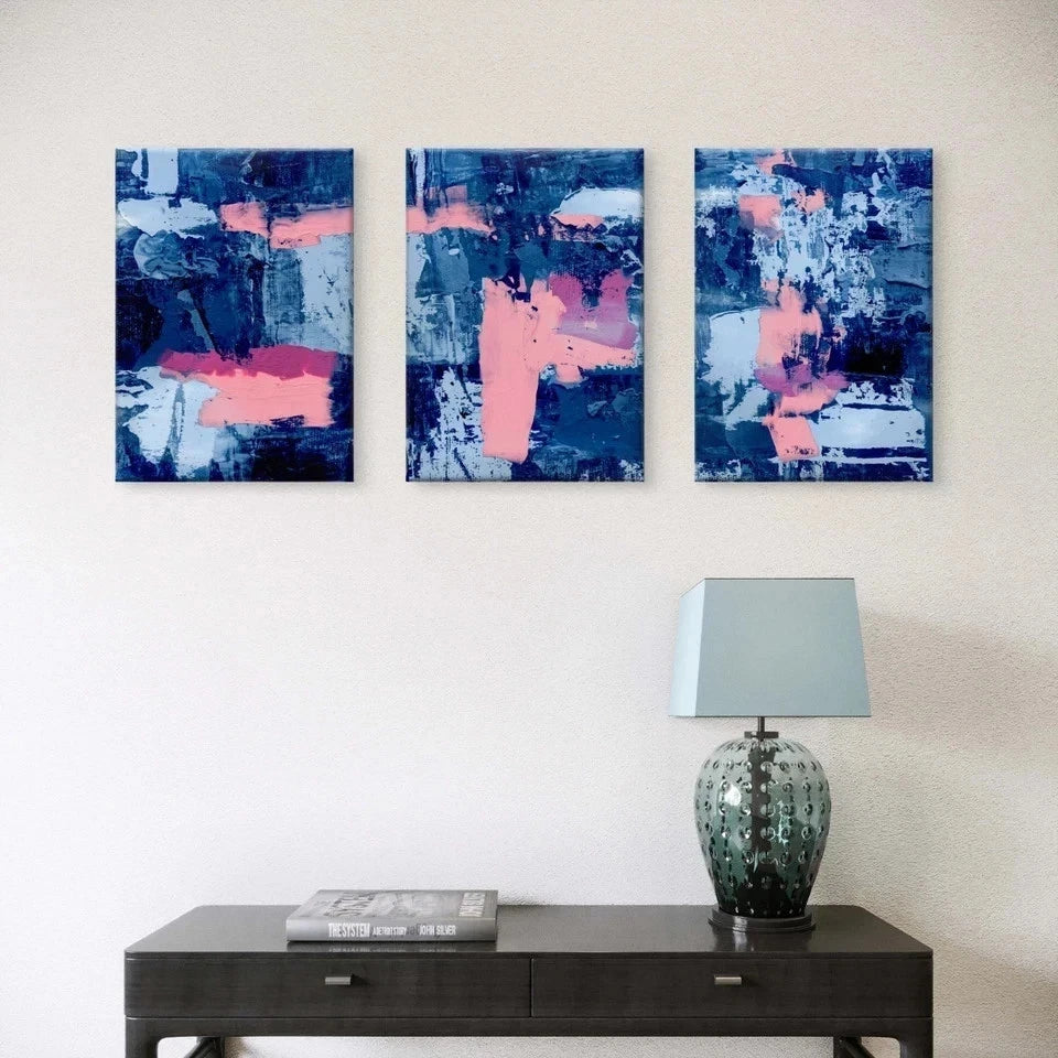 3pcs Navy Blue and Pink Abstract Expressionism Wall Art Set Canvas Framed 60x90cm - High Quality Print 100% Australian Made Wall Canvas Ready to Hang