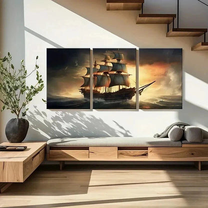 3pcs Sailing Ship in Stormy Seas Painting Wall Art Set Canvas Framed 40x60cm - High Quality Print 100% Australian Made Wall Canvas Ready to Hang - Bella Home Decor