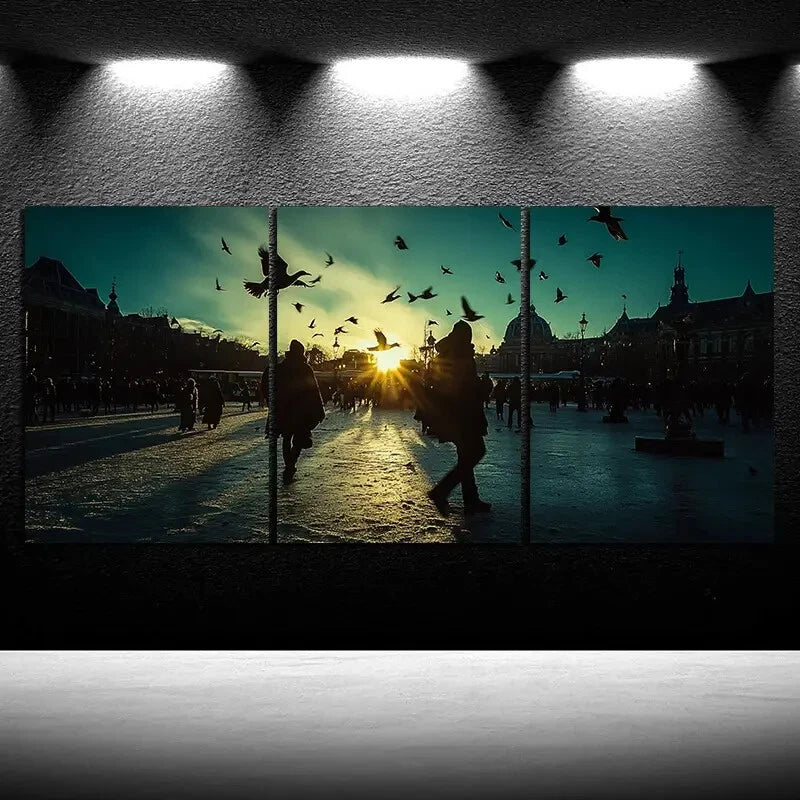 3pcs Blue Sky Pigeons on The Building Square Metal Print Ready to Hang Art - Bella Home Decor