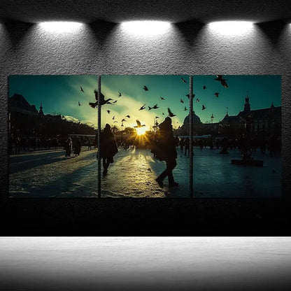 3pcs Blue Sky Pigeons on The Building Square Metal Print Ready to Hang Art - Bella Home Decor