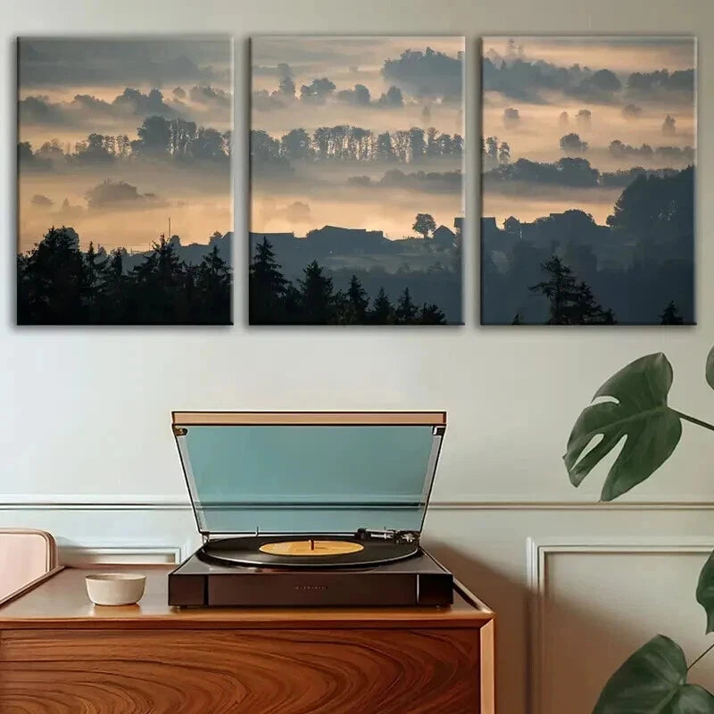 3pcs Misty Forest & Small Town Decoration Wall Art Set Canvas Framed 40x60cm - High Quality Print 100% Australian Made Wall Canvas Ready to Hang