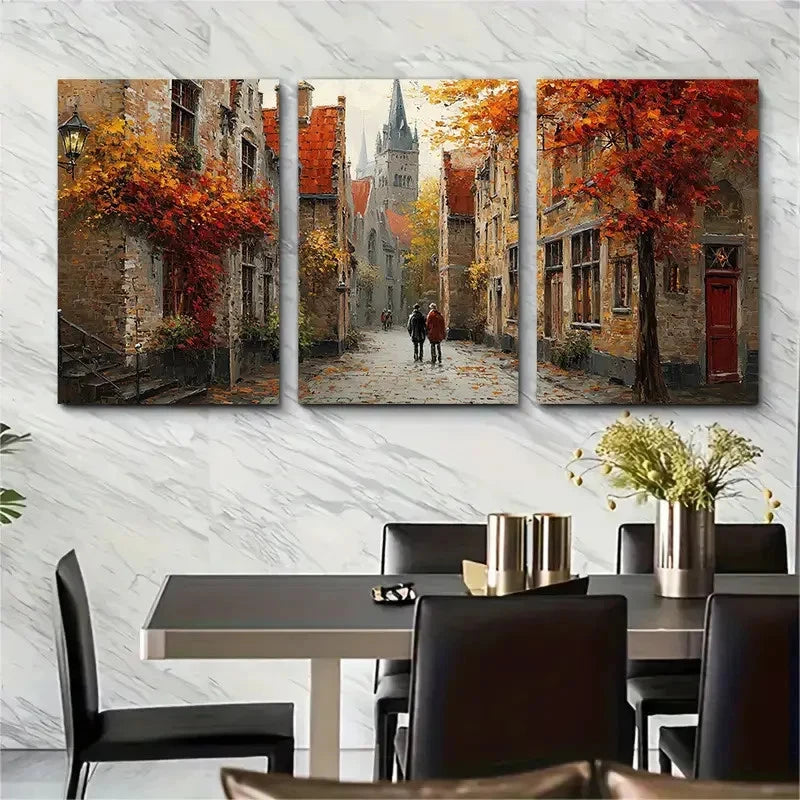 3pcs Autumnal Brugge Streets Couple Prefect Wall Art Set Canvas Framed 40x60cm - High Quality Print 100% Australian Made Wall Canvas Ready to Hang - Bella Home Decor