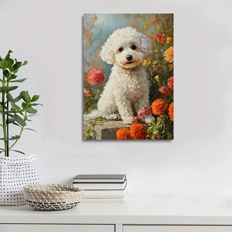 Adorable Bichon Frise Vibrant Floral Painting 40x60cm Metal Print Ready to Hang - Bella Home Decor